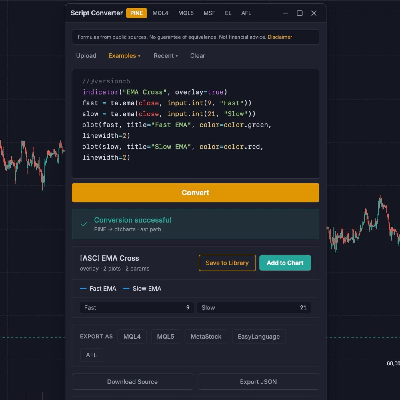 Side-by-side script conversion diff in the TradersWeek terminal